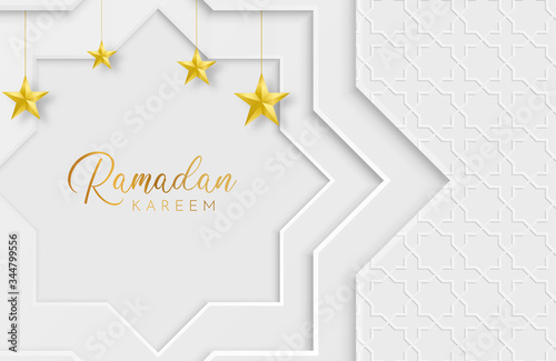 Ramadan kareem background with white paper cut geometric shape. Vector illustration for Islamic holy month celebrations. Place for your text