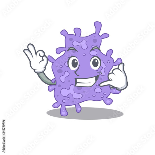 Cartoon design of staphylococcus aureus with call me funny gesture