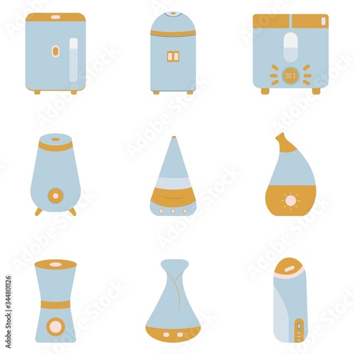 Humidifier set. Aromatherapy for the home and a modern, useful air purifier. Vector colorful illustration in cartoon style flat