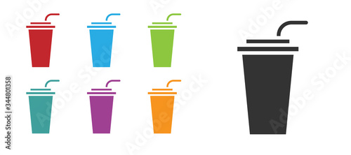 Black Paper glass with drinking straw and water icon isolated on white background. Soda drink glass. Fresh cold beverage symbol. Set icons colorful. Vector Illustration