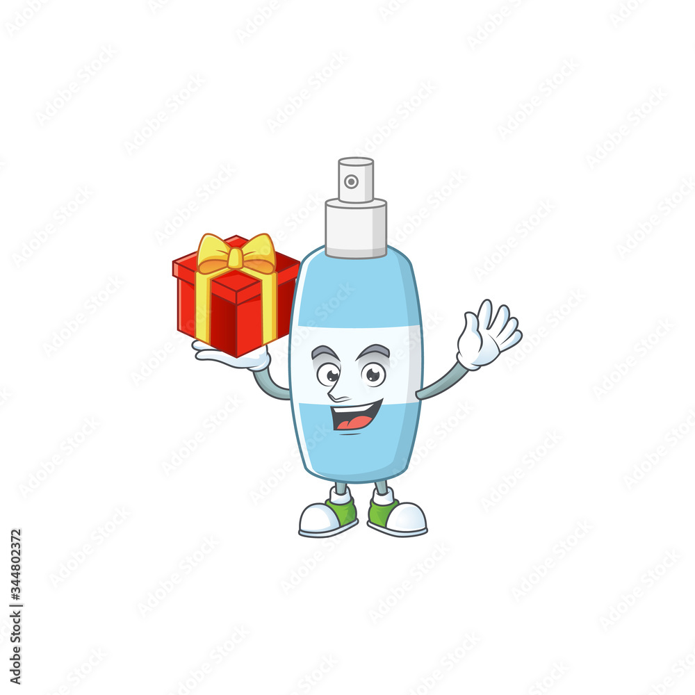 Charming spray hand sanitizer mascot design has a red box of gift