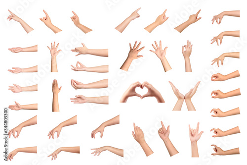 Collection of woman hand gestures isolated on white background.