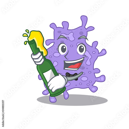 Mascot character design of staphylococcus aureus say cheers with bottle of beer