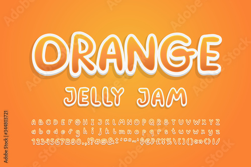 Cartoon Alphabet sweet orange fruit colors. Bright handwritten font  3d sticker style  uppercase and lowercase letters  numbers. Vector illustration