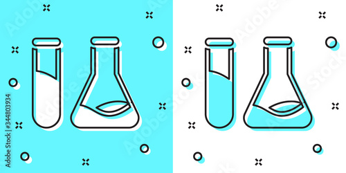Black line Test tube and flask - chemical laboratory test icon isolated on green and white background. Laboratory glassware sign. Random dynamic shapes. Vector Illustration