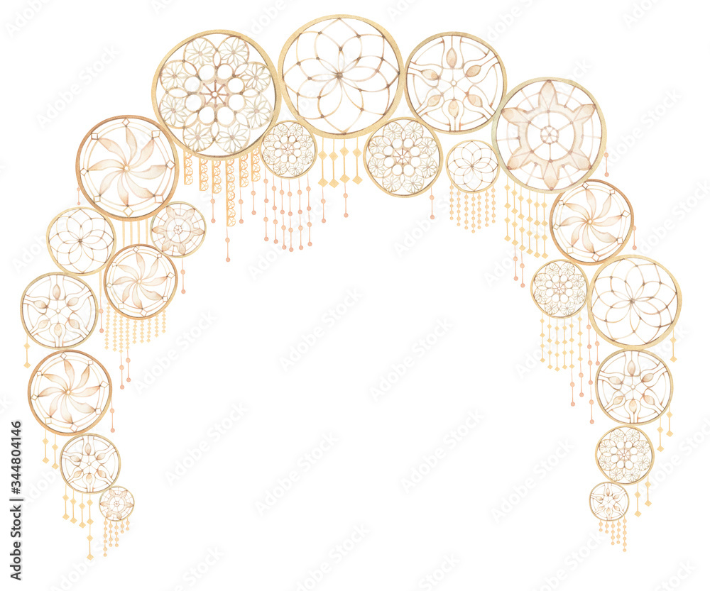 Arch of wedding laces in boho style. Hand painted watercolor illustration. 
