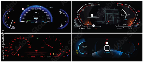 Vector car dashboards collage. Four different types of full digital car cluster. Instrument panel with speedometer, tachometer, odometer, fuel gauge, oil temperature gauge and seat belt reminder.