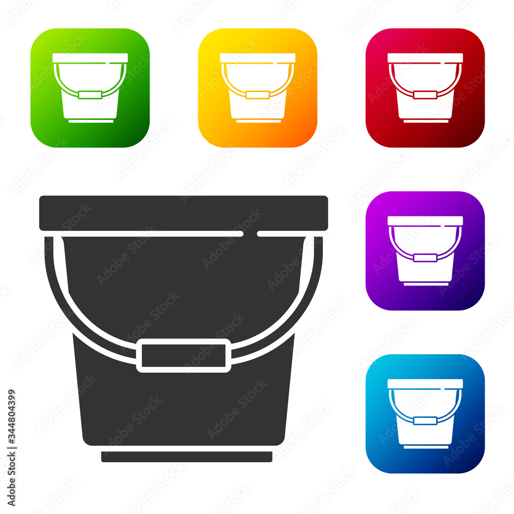 Black Bucket icon isolated on white background. Set icons in color square buttons. Vector Illustration Black Bucket icon isolated on white background. Set icons in color square buttons. Vector Illustration