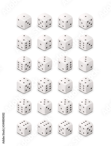 Set of white classic game cubes isolated on white background, all possible 3d dice turns for casino