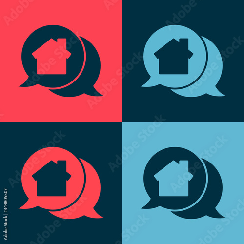 Pop art Real estate message house in speech bubble icon isolated on color background. Vector Illustration