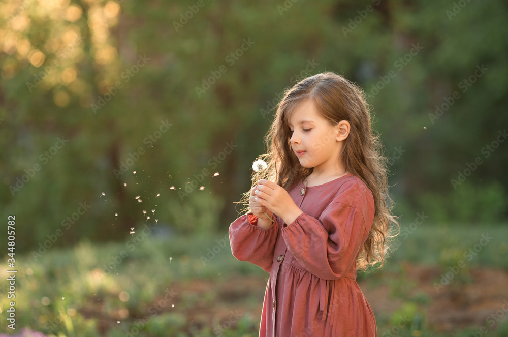 A girl in a pink dress and with her hair down stands against the background of greenery and sunset and blows on a dandelion. A girl in a pink dress and with her hair down stands against the background of greenery and sunset and blows on a dandelion.