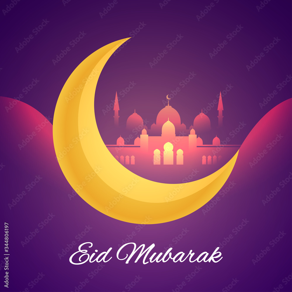 Eid Al Fitr. Eid Mubarak vector greeting. Eid Mubarak. Eid-Al-Fitr mubarak. Creative Moon with Mosque for Muslim Community Festival, Ramadan Kareem celebration