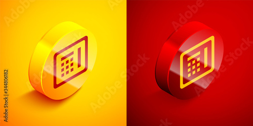 Isometric Safe icon isolated on orange and red background. The door safe a bank vault with a combination lock. Reliable Data Protection. Circle button. Vector Illustration
