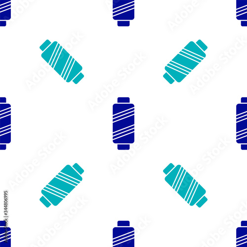 Blue Sewing thread on spool icon isolated seamless pattern on white background. Yarn spool. Thread bobbin. Vector Illustration