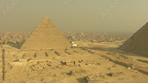 Helicopter view of the famous 3 Giza pyramids in Egypt. 
