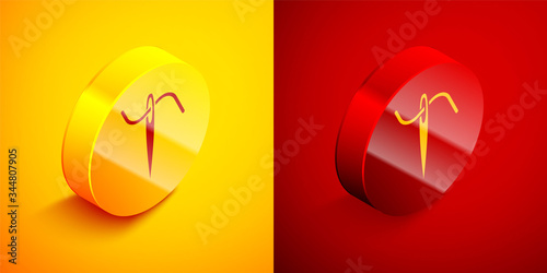 Isometric Needle for sewing with thread icon isolated on orange and red background. Tailor symbol. Textile sew up craft sign. Embroidery tool. Circle button. Vector Illustration