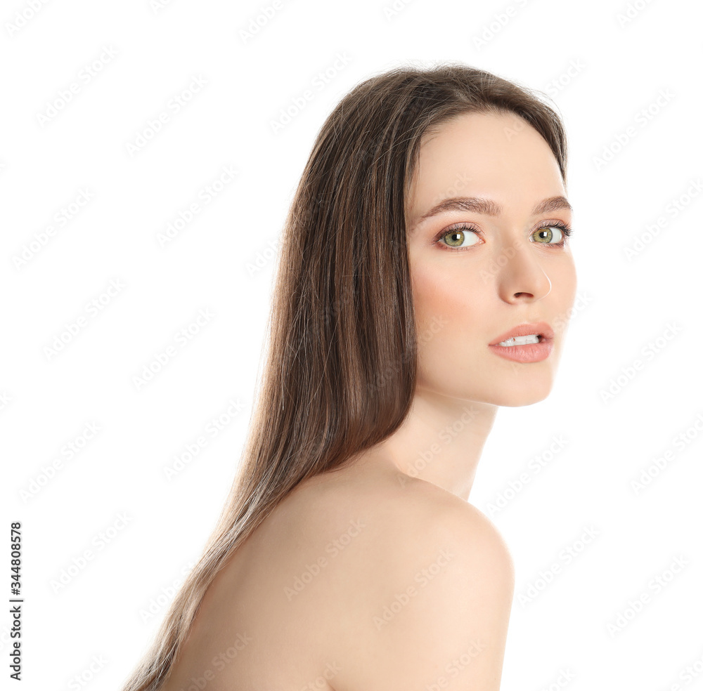 Portrait of young woman with beautiful face on white background Portrait of young woman with beautiful face on white background