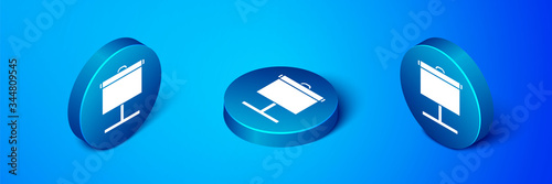 Isometric Projection screen icon isolated on blue background. Business presentation visual content like slides, infographics and video. Blue circle button. Vector Illustration