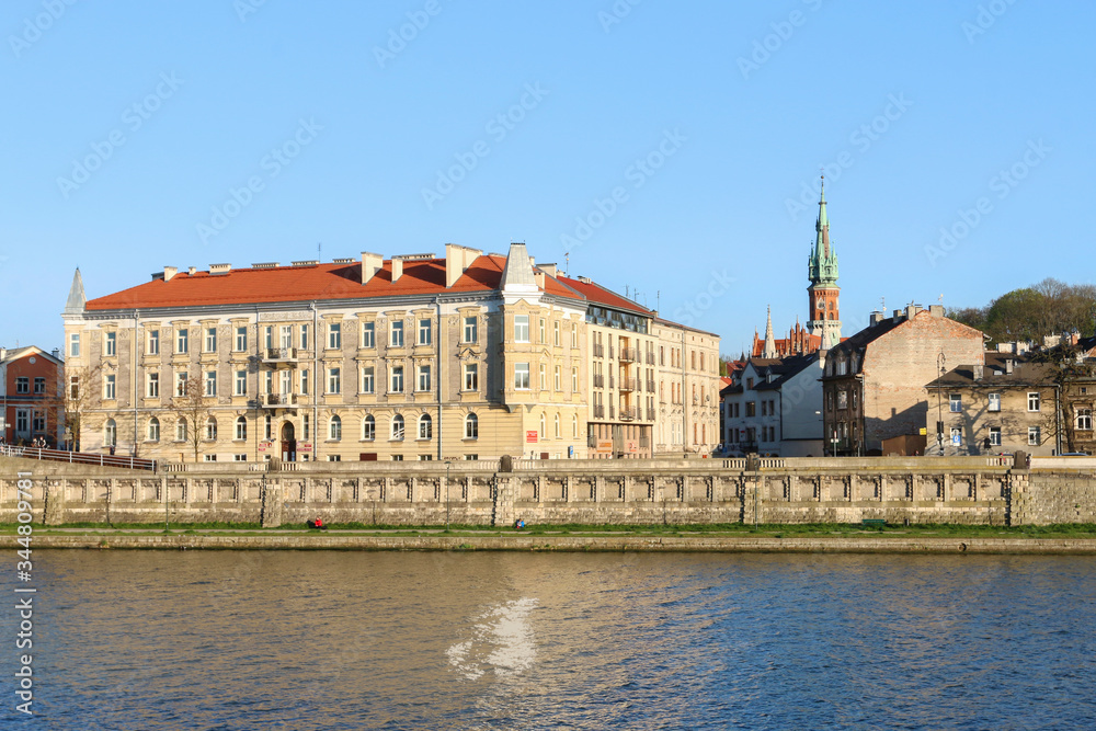 KRAKOW, POLAND - APRIL 20, 2020: Old tenements of Podgorze quarter