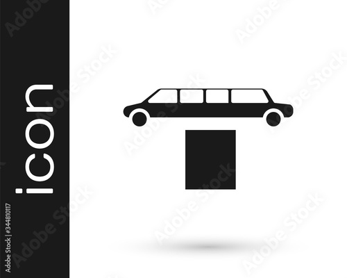 Grey Luxury limousine car and carpet icon isolated on white background. For world premiere celebrities and guests poster. Vector Illustration