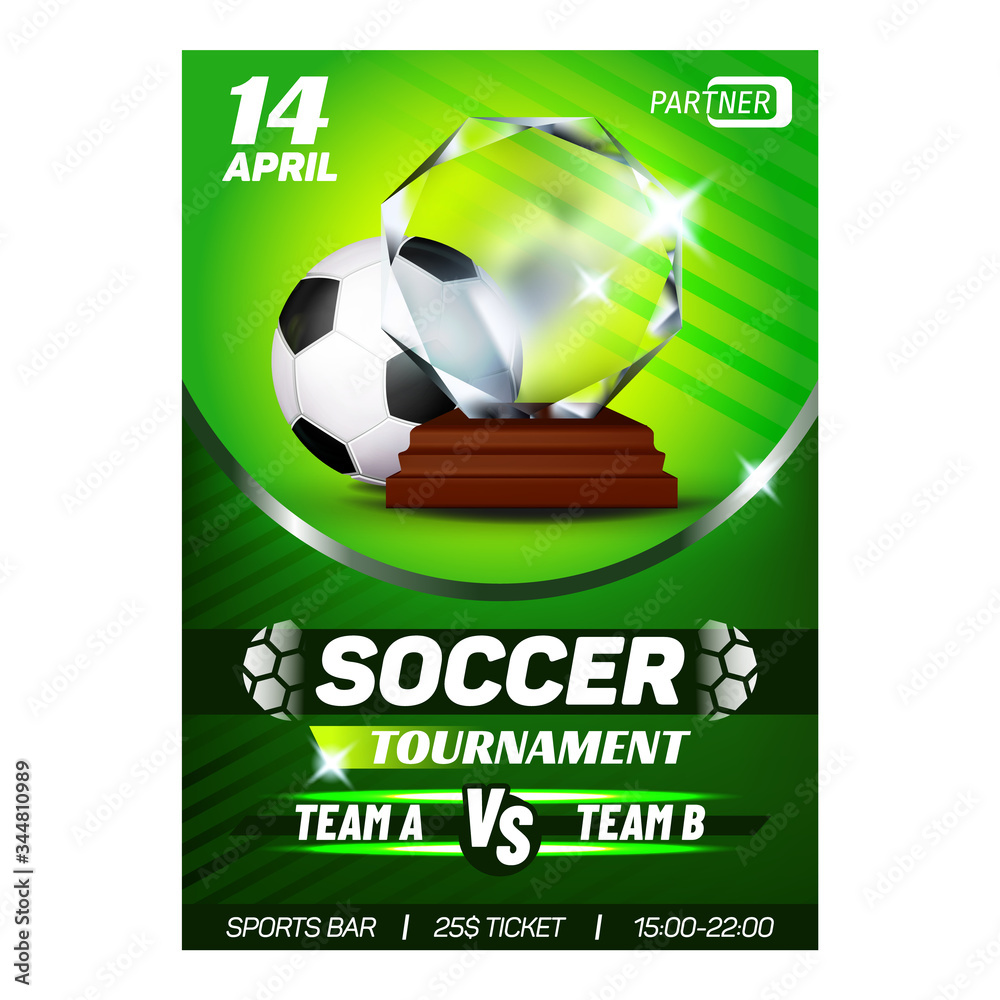 Football Sport Tournament Flyer Banner Vector. Football Leather Ball