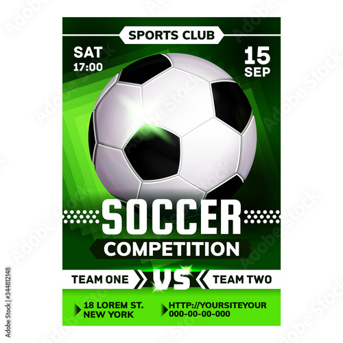 Soccer Sport League Tournament Flyer Poster Vector. Playing Equipment Soccer Match On Creative Advertise Banner. Athletic Running And Kicking Ball To Score Goal Game Concept Template Illustration © PikePicture