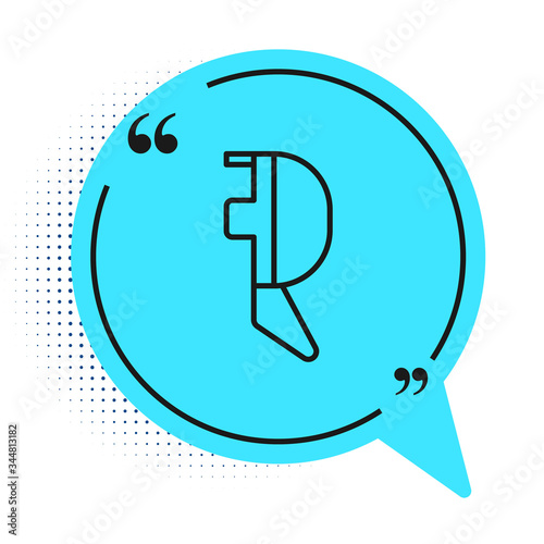 Black line Fencing helmet mask icon isolated on white background. Traditional sport defense. Blue speech bubble symbol. Vector Illustration