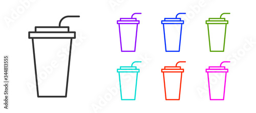 Black line Paper glass with drinking straw and water icon isolated on white background. Soda drink glass. Fresh cold beverage symbol. Set icons colorful. Vector Illustration