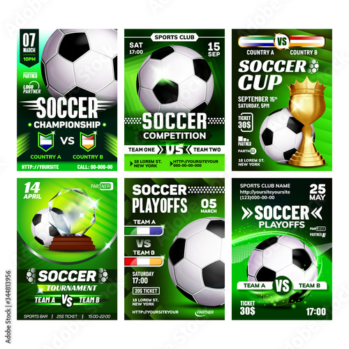 Soccer Sport Event Flyer Promo Posters Set Vector. Soccer Ball And Golden Cup. Announcement Of Federation Internationale Football Association Sportive Game Concept Template Illustrations