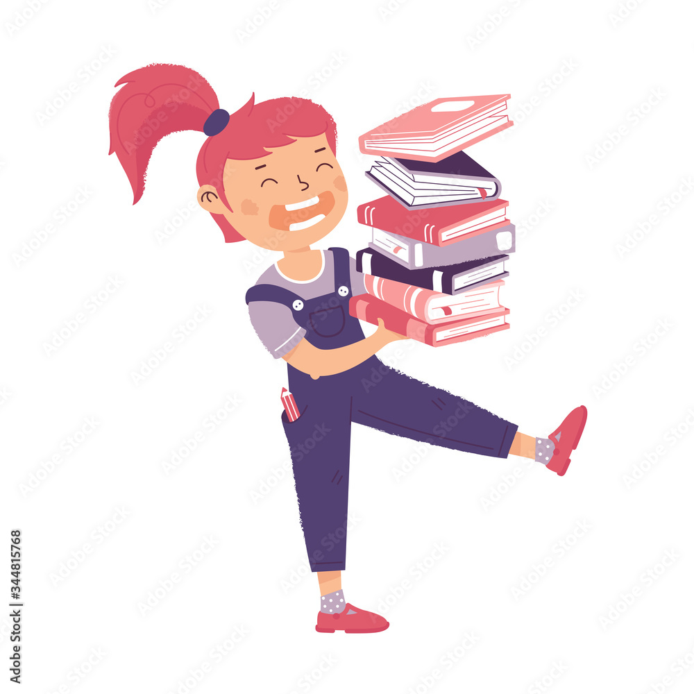 Girl carries stack of books. Female character holding pile of book. The concept of training, education, literary festival Girl carries stack of books. Female character holding pile of book. The concept of training, education, literary festival