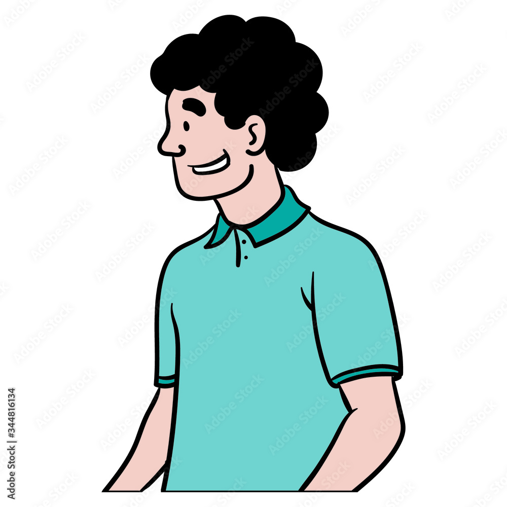 a man with black curly hair looks friendly to the side. comic, avatar, illustration. a man with black curly hair looks friendly to the side. comic, avatar, illustration.