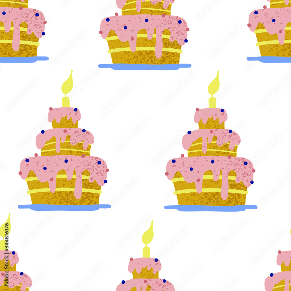 Vector seamless pattern with birthday elements on white background. Party elements, balloons, cake and capcakes, gift box, party hat, flag. For greeting card, design, print, wrapping paper and posters Vector seamless pattern with birthday elements on white background. Party elements, balloons, cake and capcakes, gift box, party hat, flag. For greeting card, design, print, wrapping paper and posters