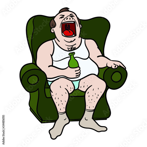 a fat disgusting man sits in an armchair with underwear, holds a beer in his hand and screams. domestic violence, comic.