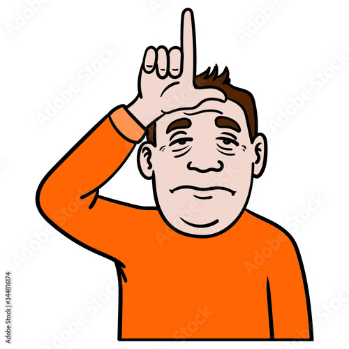 a sad man in an orange sweater makes an L with his hand in front of his forehead. loser, sad, depression, comic.