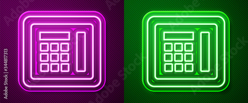 Glowing neon line Safe icon isolated on purple and green background. The door safe a bank vault with a combination lock. Reliable Data Protection. Vector Illustration