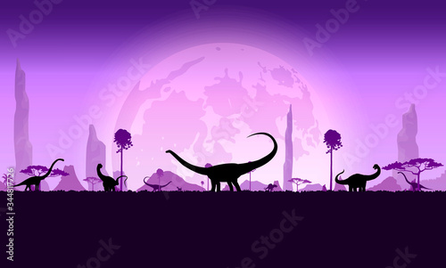 Vector illustration of beautiful prehistoric landscape and dinosaurs. Tropical trees and plants, mountains with volcano in flat cartoon style.