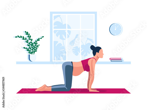 Young pregnant girl doing sport at home. Prenatal yoga exercise on cat pose. Flat vector illustration.