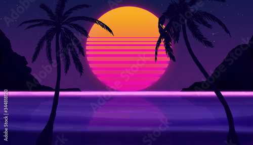 fantastic sunset on the beach with palm trees on a background of the starry sky photo