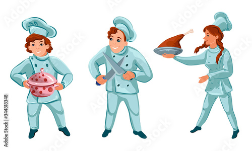 Men and woman professional cooks in special uniform during work vector illustration