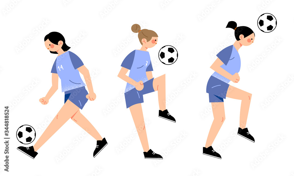 Young girls football players playing football outdoors vector illustration