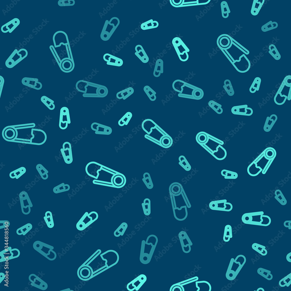 Green line Classic closed steel safety pin icon isolated seamless pattern on blue background. Vector Illustration Green line Classic closed steel safety pin icon isolated seamless pattern on blue background. Vector Illustration