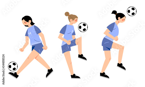 Fototapeta Naklejka Na Ścianę i Meble -  Young girls football players playing football outdoors vector illustration