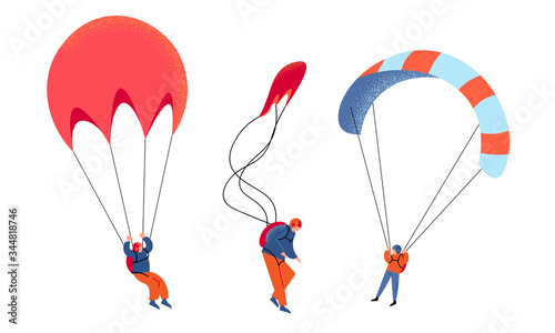 Set of young people skydivers with parachutes vector illustration