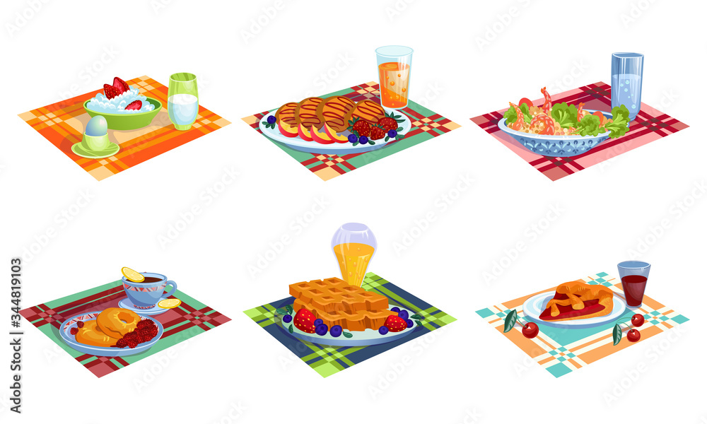 Different kinds of healthy breakfasts meals and drinks vector illustration