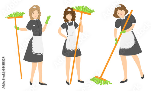 Set of positive women maids making housekeeping with brush vector illustration