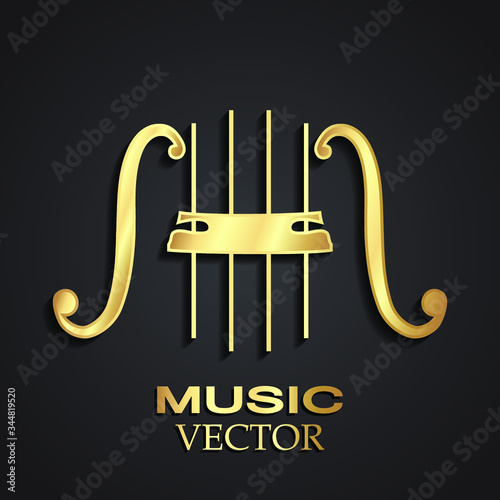 3d golden string instrument, bridge and f holes / music logo