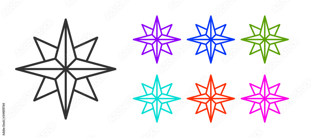 Black line Wind rose icon isolated on white background. Compass icon for travel. Navigation design. Set icons colorful. Vector Illustration Black line Wind rose icon isolated on white background. Compass icon for travel. Navigation design. Set icons colorful. Vector Illustration