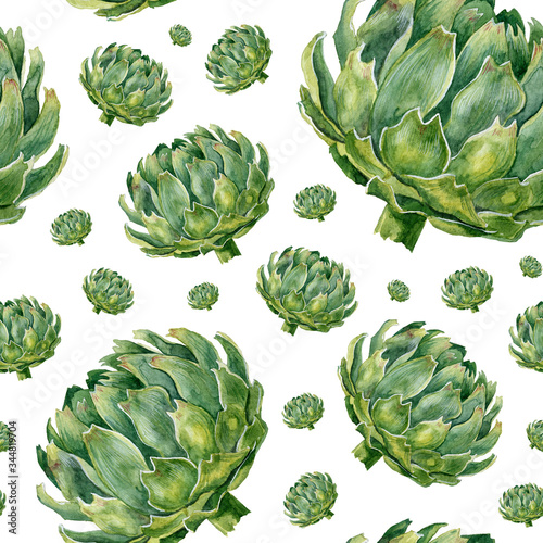 Watercolor illustration with green artichoke pattern
