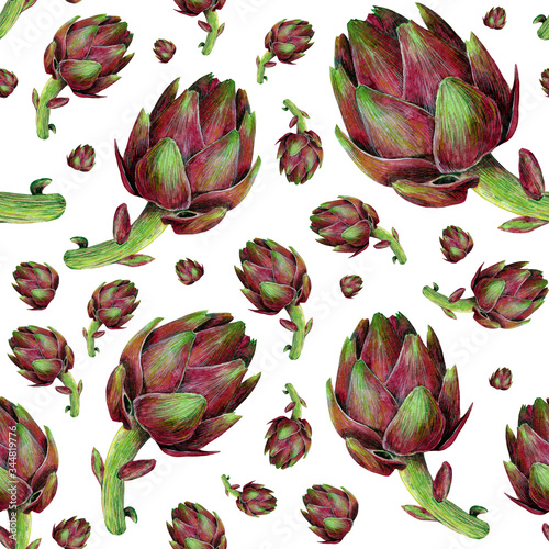 Watercolor illustration with green and pink artichoke pattern