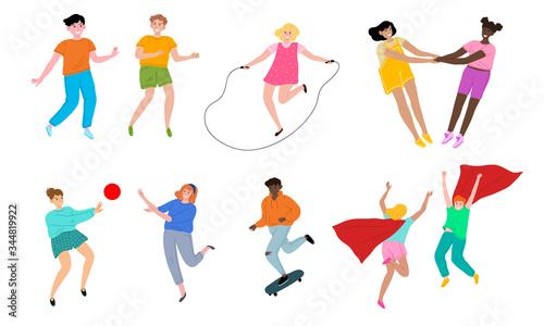 Kids boys and girls friends playing outdoors and feeling happy vector illustration